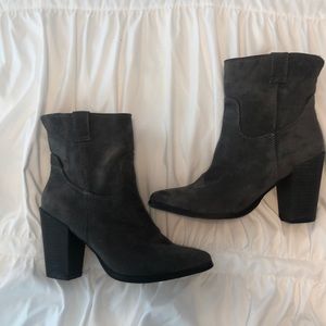 Gray suede heeled boots